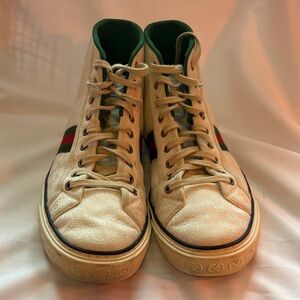 Gucci Cream High-Top Sneakers with Green and Red Accents